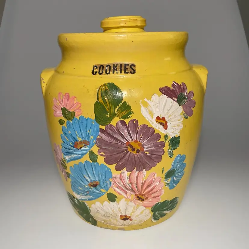 Harper J. Ransburg Co. Pottery Yellow Floral Flowers Stoneware Cookie Jar c. 1930s Vintage
