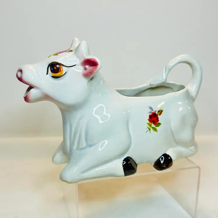 Floral Rose Cow Porcelain Ceramic Creamer Pitcher Vintage Country Kitchen