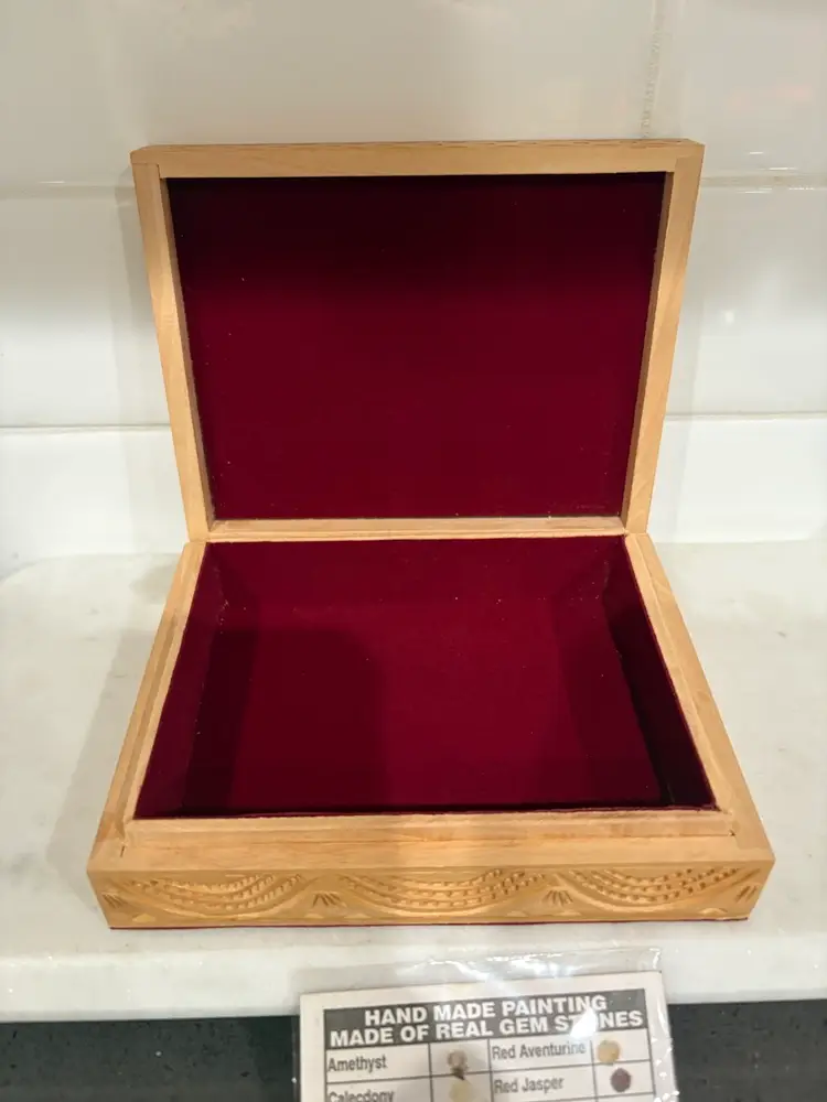 Handmade Indian Shisham Wood Trinket Jewelry Box , Gemstone Pi c Shringar Art