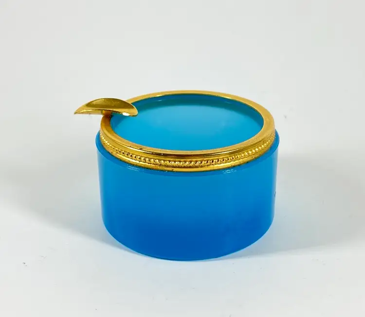 Murano Blue Opaline Glass Ashtray w Gold Metal Rim