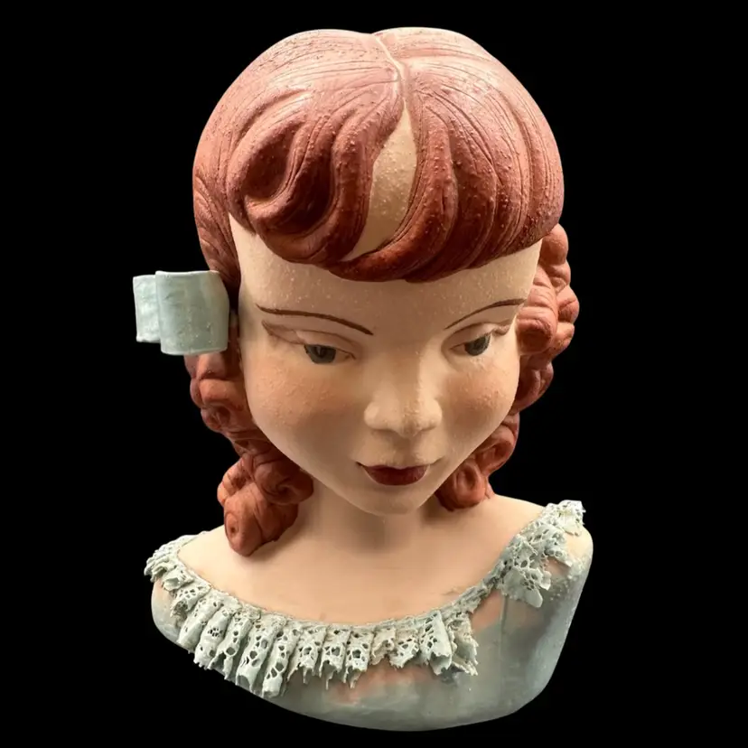 Vintage 1960s Beautiful Redhead Lady Bust Blue Dress Hair Bow 7”T 5”W **read