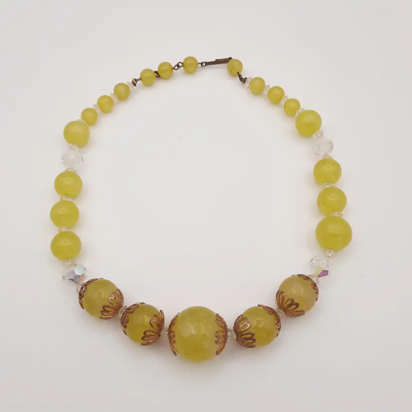 Light Lime Green Round Beaded Necklace with Gold Tone Metal Accents