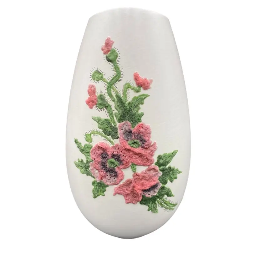 Vintage ('81) Holland Mold Hand-Decorated Vase, 3-D Plant w/Pink Flowers, Signed