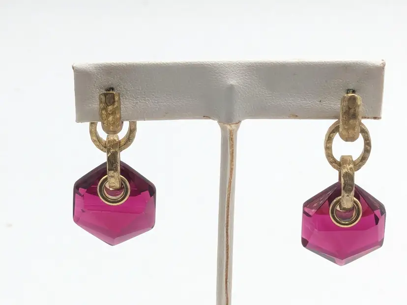 Faux Red Glass Dangle Pierced Earrings Gold Tone Two in One