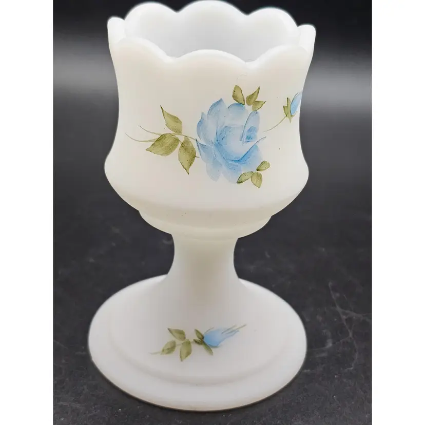 Fenton Milk Glass Vase with Blue Floral Design Votive Signed S. Hart Vintage