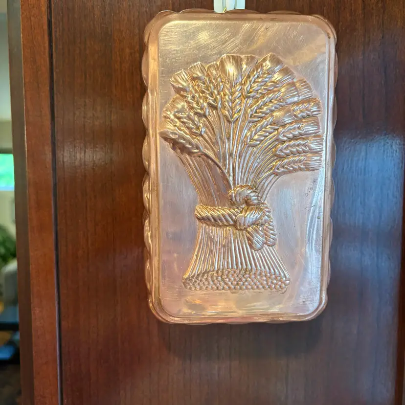 Vintage Copper Mold Sheaf of Wheat Rectangular Wall Hanging Tin Lined 8.5"