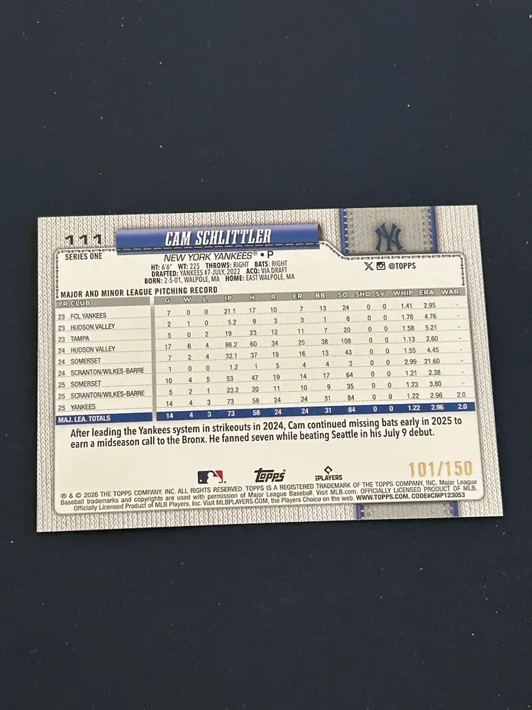 2026 Topps Cam Schlittler Blue 101/150