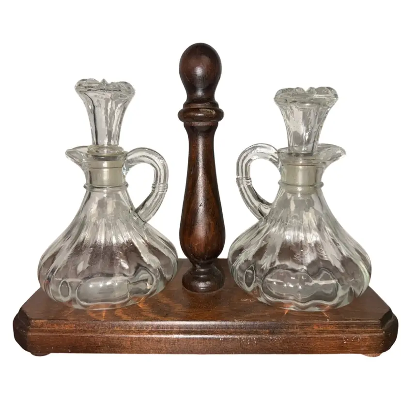 Glass Cruets/Bottles With Wood Stand /Caddy- Marriage