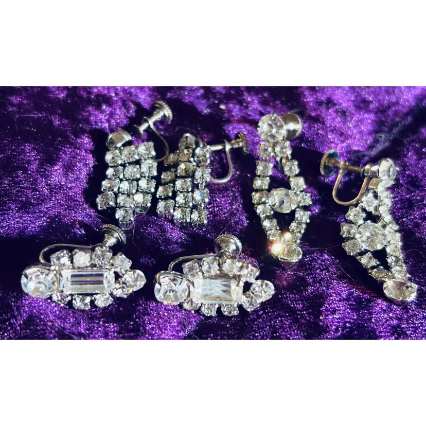 Vintage Lot Of 3 Pair Of Sparkling Clear Rhinestone Screw Back Silver Tone Earrings