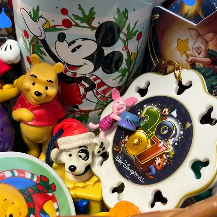 Disney Lot Of Christmas Items 24 Items, Mickey, Dalmatians, Little Mermaid, Winnie The Pooh, An American Tail, Snow White And Beautiful Basket.  Large Mickey Mug. Free Shipping Fo This Item.