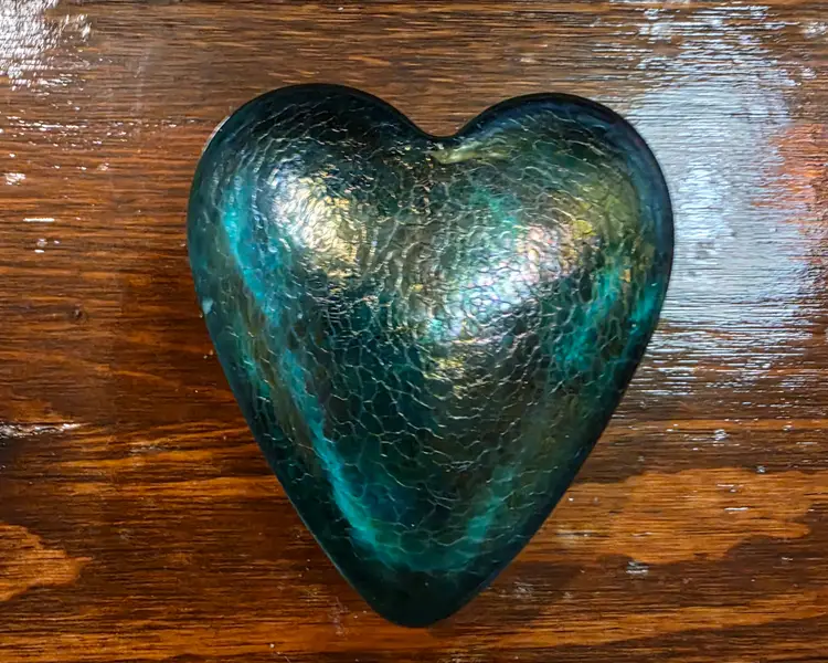 Vintage Hand Made Signed Robert Held Green Glass Heart Paperweight