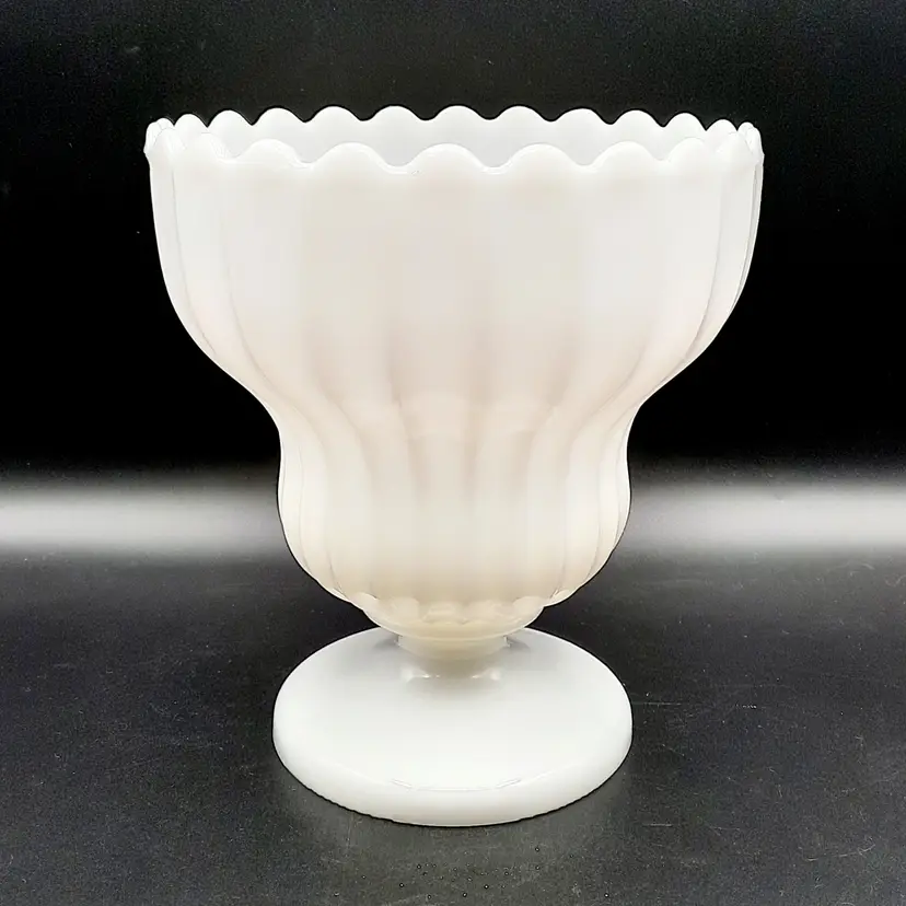 Vintage White Milk Glass Scalloped Rim Ribbed Wide Vase Footed Compote