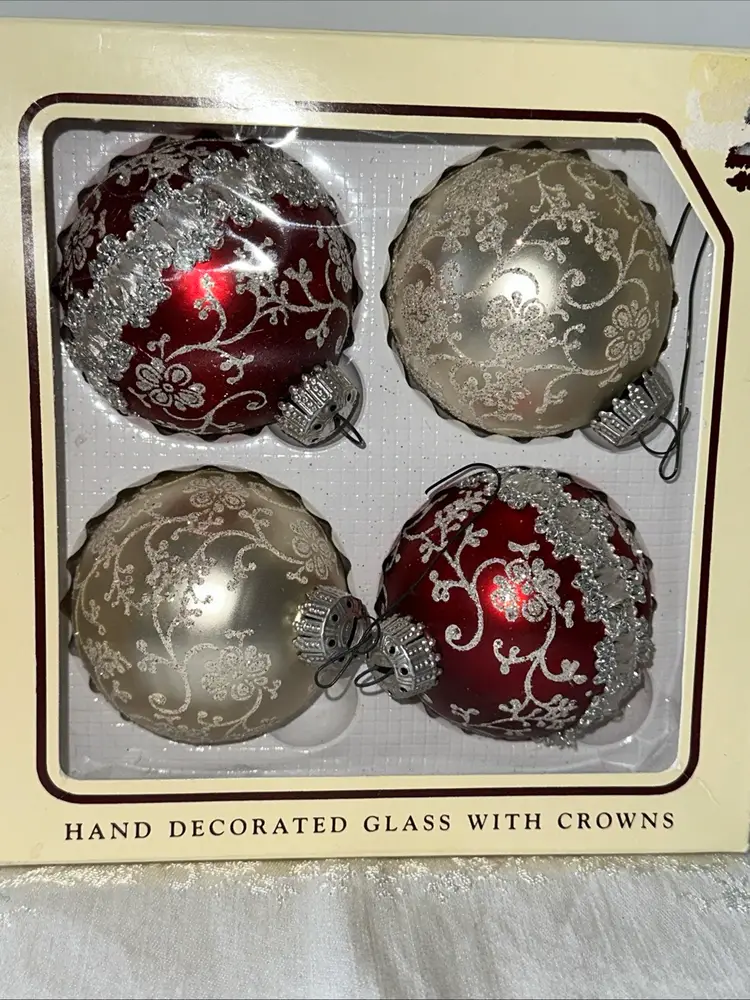 Vintage Christmas by Krebs Glass Ornaments Set Of 4 Red , White Hand Decorated