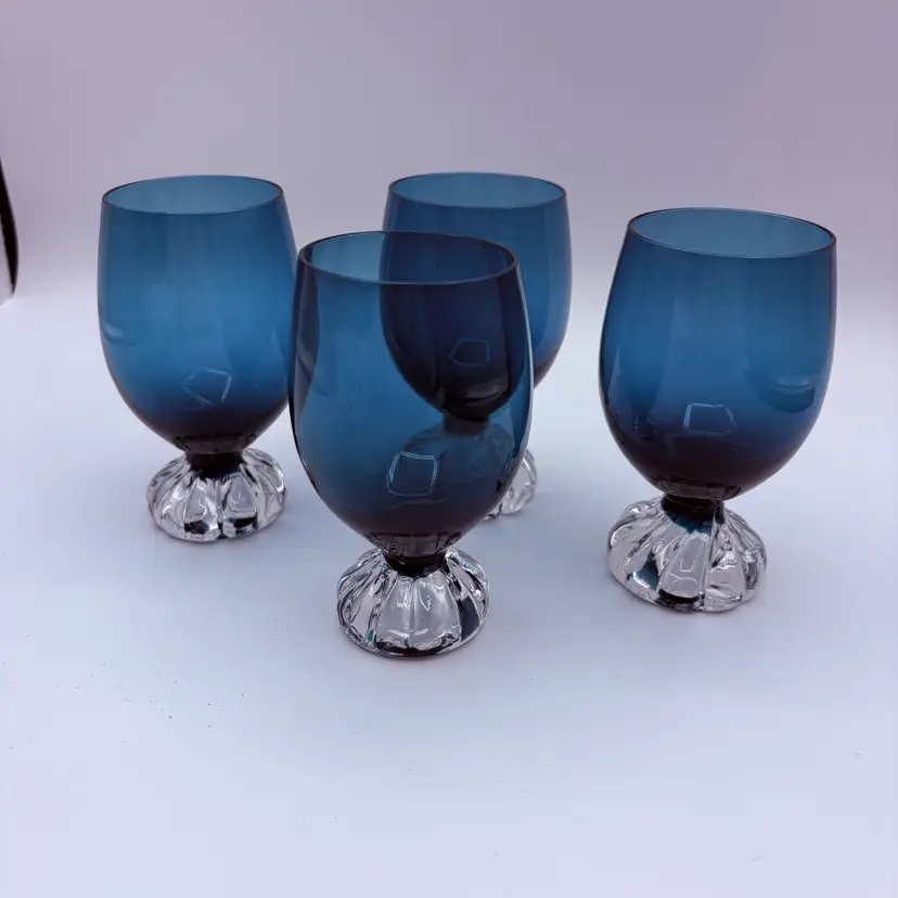 60's Sweden Art Glass Blue Low Ball Glasses Set Of 4