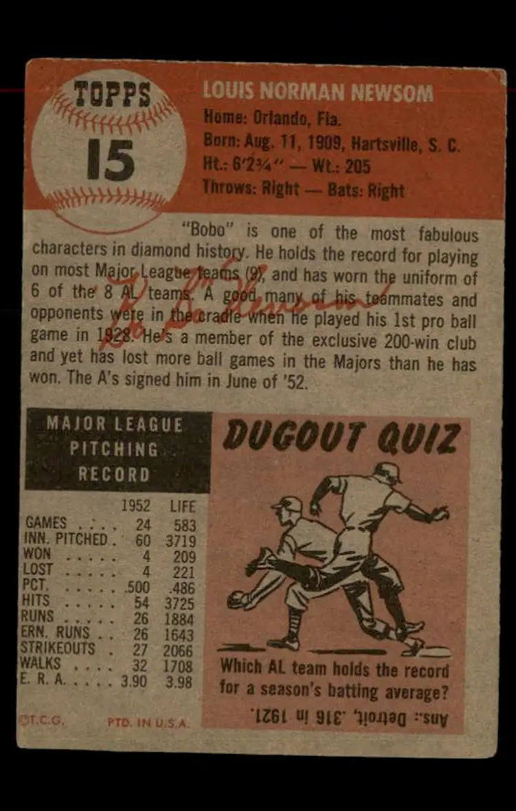 1953 Topps #15 Bobo Newsom - (pk-tl1) - Philadelphia Athletics