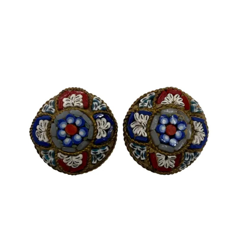 Vintage Italian, Micro Mosaic Clip On Earrings With Beautiful Blue And Red Floral Design