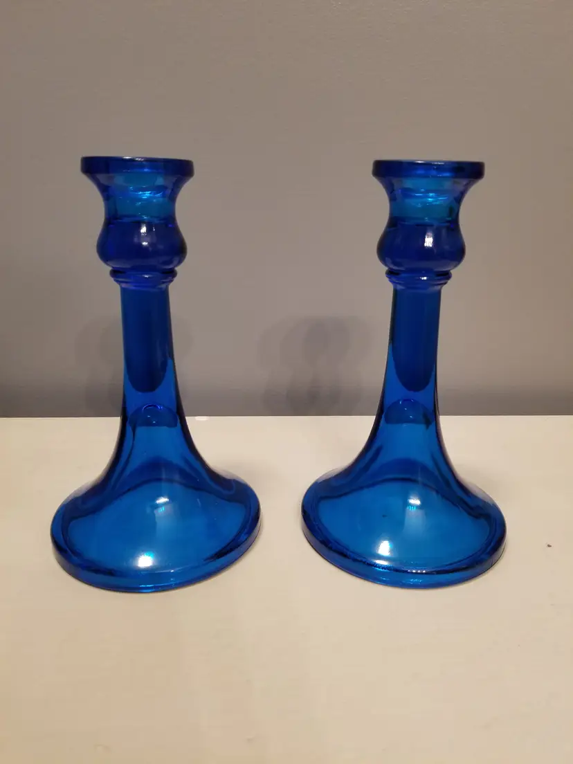 Vintage Electric Blue Glass Candlestick Holders