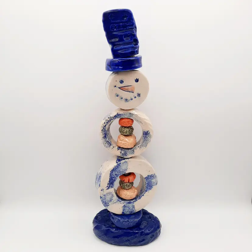 Art Pottery Snowman Statue Figurine Stacked Pieces Signed
