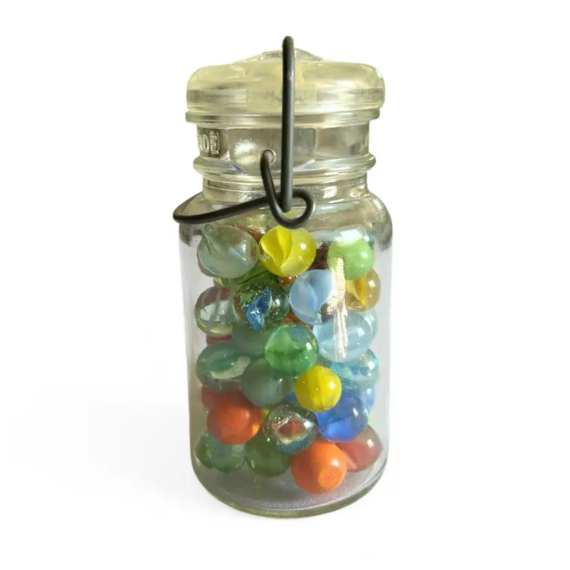Vintage Ball Jar with Lid and Various Colored Marbles