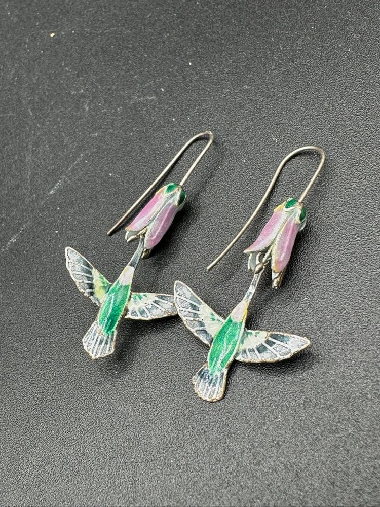 Vintage Hummingbird & Pink Flower Earrings