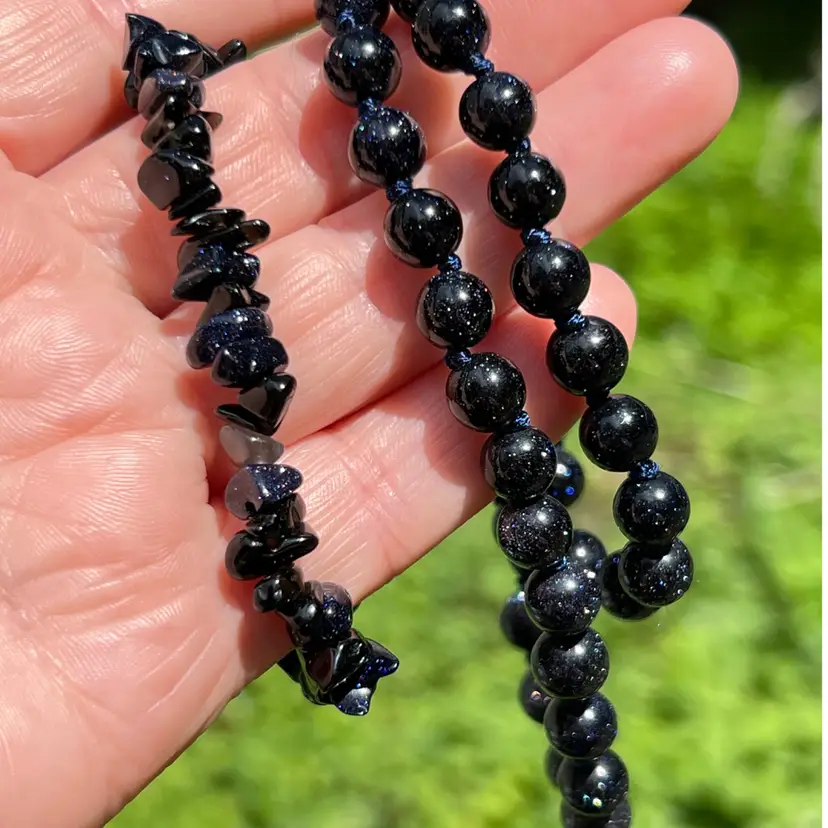 Blue Sandstone Glittering Glass Set: 17” 8mm Beaded Necklace. 6-3/4” to 7-3/4” Blue Sandstone & Quartz Chip Stretch Bracelet. It’s Like Looking Into Sparkling Galaxies.