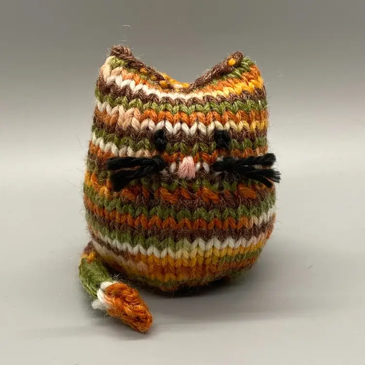 Hand Knit Autumn/Fall Color Stripes Mini Stuffed Cat Shelf Sitter