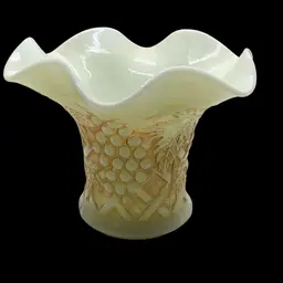 24. NORTHWOOD VASELINE CUSTARD GLASS NUTMEG COLOR GRAPE ARBOR LATTICE VASE UV Glow