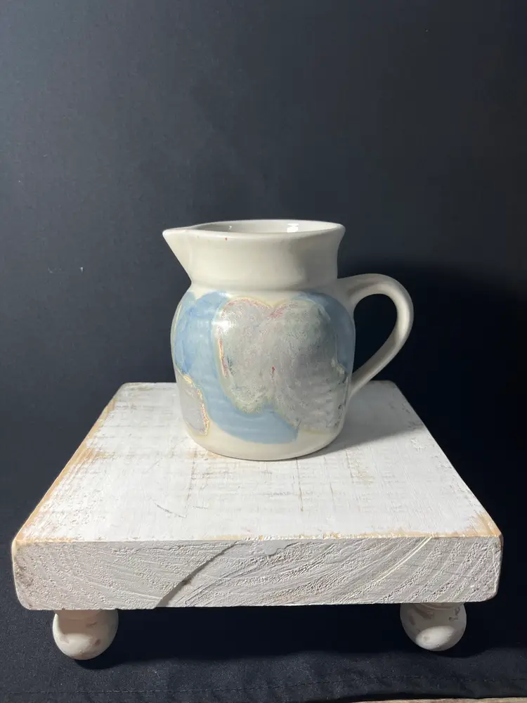 Studio Pottery 5.5” X 6.25” Pitcher -Grayish/Blue/Pink Tones Signed KS