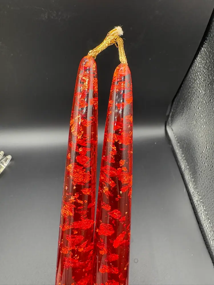 Pair Of Red Lucite Candles With Copper Flecks 11.5”