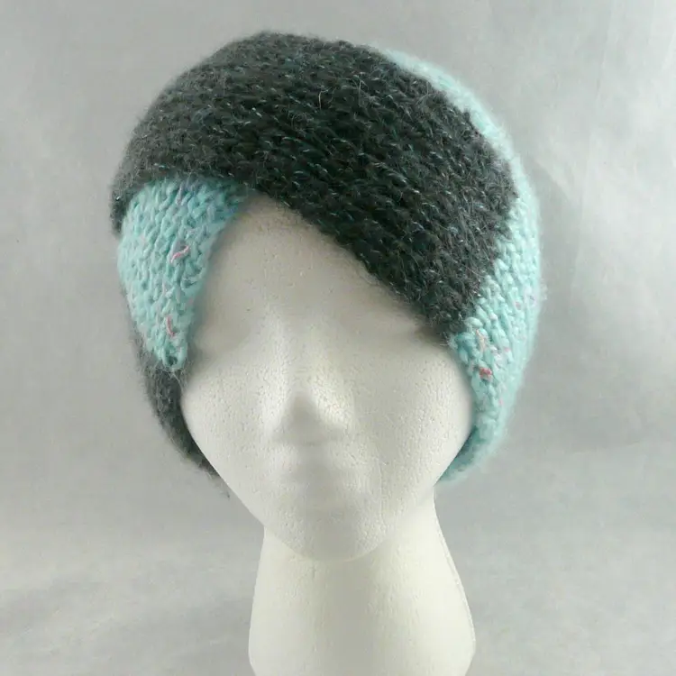 Handmade Knit Two Tone Gray Aqua Split Turban Style Ear Warmer Head Wrap
