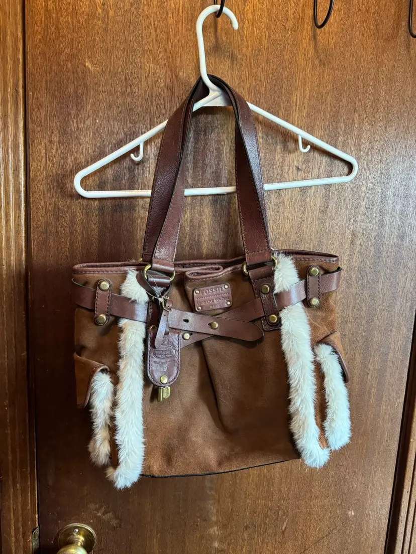 FOSSIL Adrina Saddle Brown Suede FAUX FUR Very Large Shoulder Handbag Tote Purse