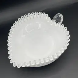 #01 Fenton Milk Glass Heart Shape Nappy Candy Dish w/ Silver Crest Ruffled Edge