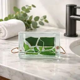 Fused Glass Vase w/ Metal Feet & Green Abstract Geometric Design, 5.5" x 3.5"