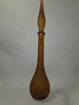Vintage Amber Glass Empoli Genie Bottle 21.5" Tall Made In Italy Hobnail