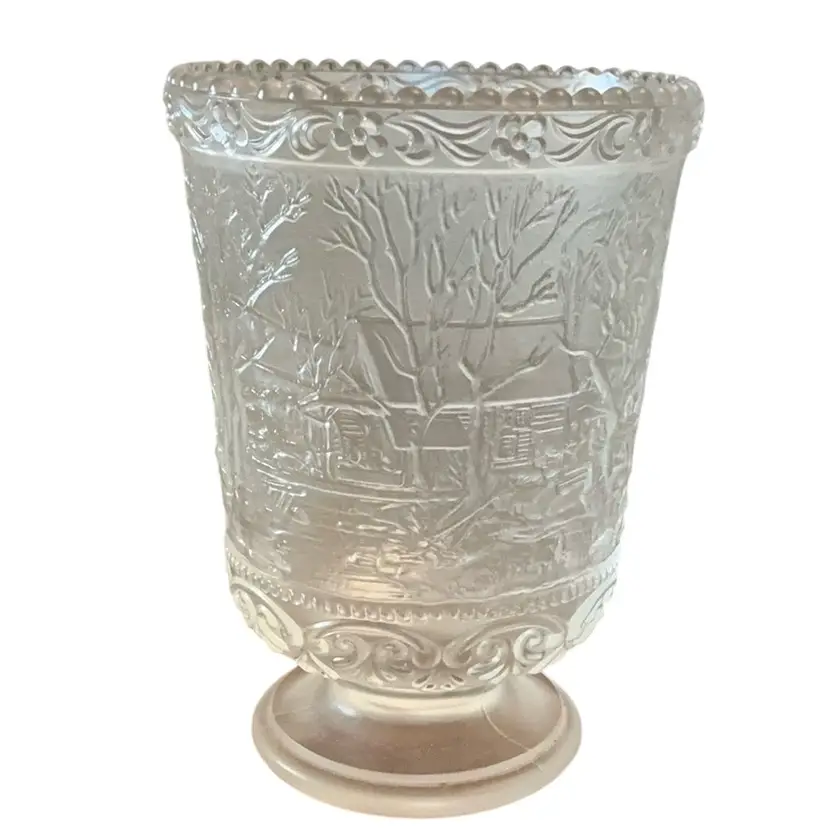 Fenton Currier And Ives (1977-83) Frosted Crystal Vase 6 1/2” X 4”
