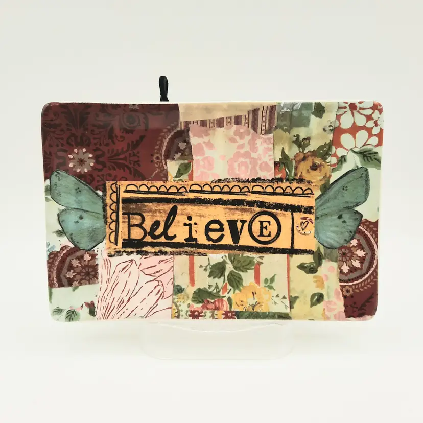 Floral Patchwork Trinket Dish Wall Decor "Believe" Kellie Ray Roberts for Demdaco