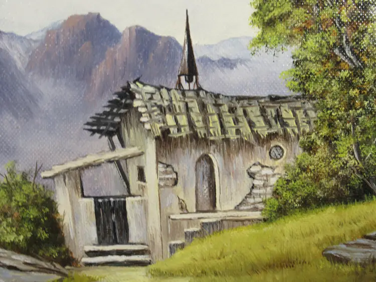 Original Oil Painting 9 x 12 "Shack in the Alps" Canvas Framed Artist Pat Keely 1990s