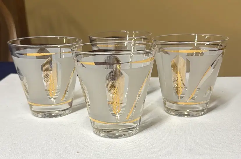 Fred Press Barware Signed Lowball Glasses Gold Wheat Set of 4 MCM