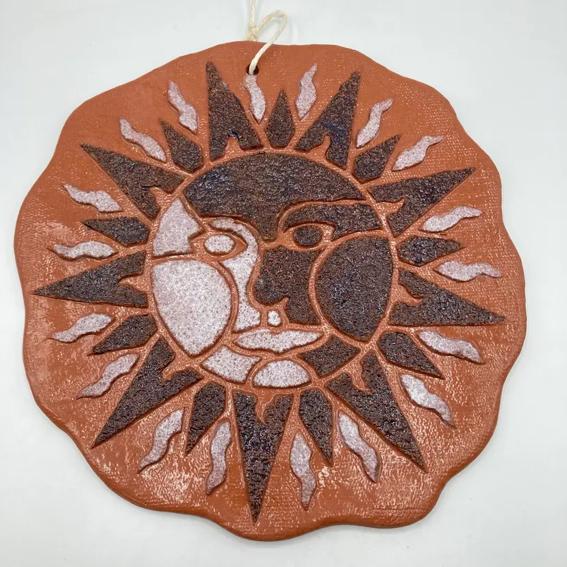 Art Pottery Redware Sun Face Garden Plaque Wall Hanging Textured Folk 10" Signed