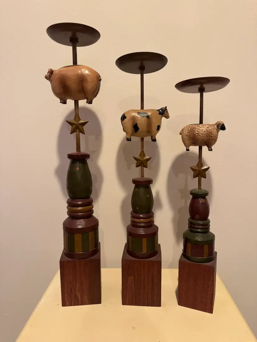 Rustic Farmhouse Style Pillar Candle Holders Wood (base), Metal And Resin 20”, 18”, 16”