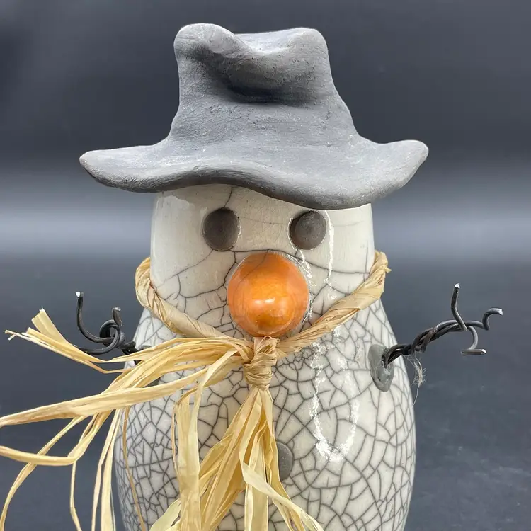 Raku Pottery Snowman Standing Christine Katzenberg Signed Winter Christmas