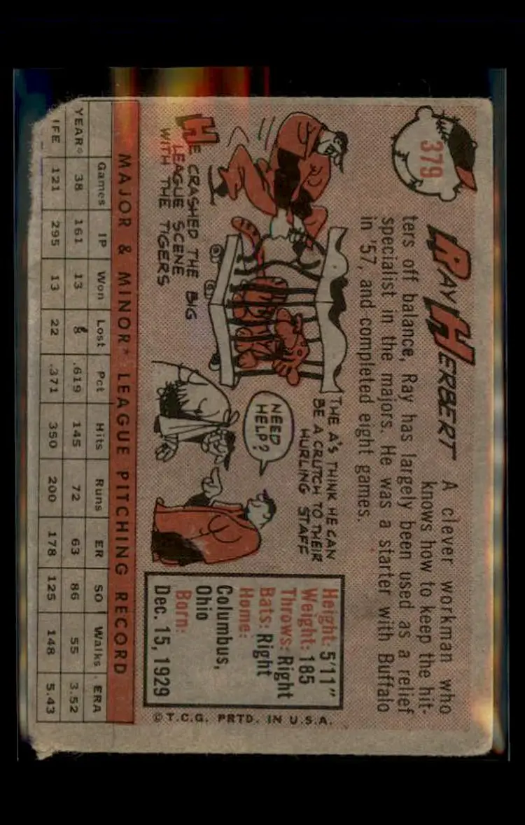 1958 Topps #379 Ray Herbert - (pk4) - Kansas City Athletics