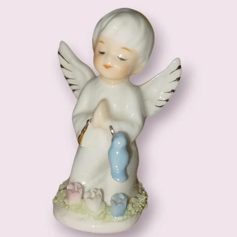 Vintage Napco Miniature Boy Angel with Blue Bird 2in