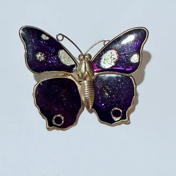 Vintage Purple Glittery Enamel Butterfly Goldtone Brooch Great Stocking Stuffer Idea!