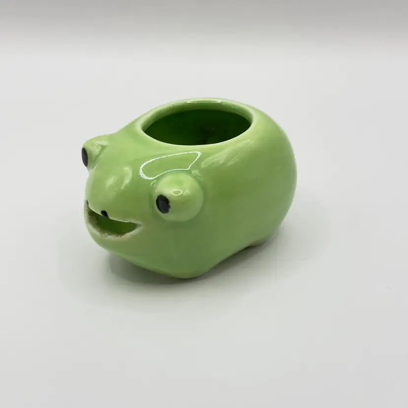 Cute Ceramic Frog Planter, Green with Colorful Accents, Miniature Decor, By Seishin Peropon, Made in Japan