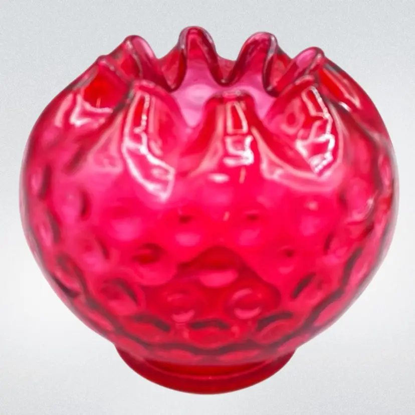 Fenton Cranberry Glass Vase Thumbprint Crimped Rose Bowl Cottage