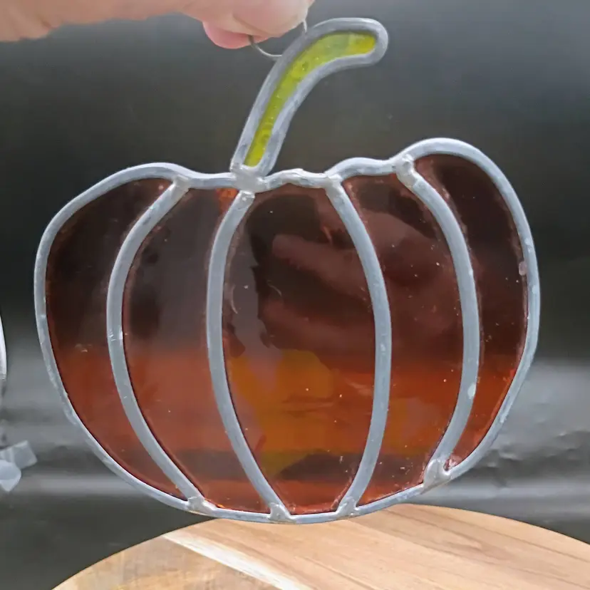 Hand Crafted Leaded Stained Glass Orange Pumpkin Suncatcher