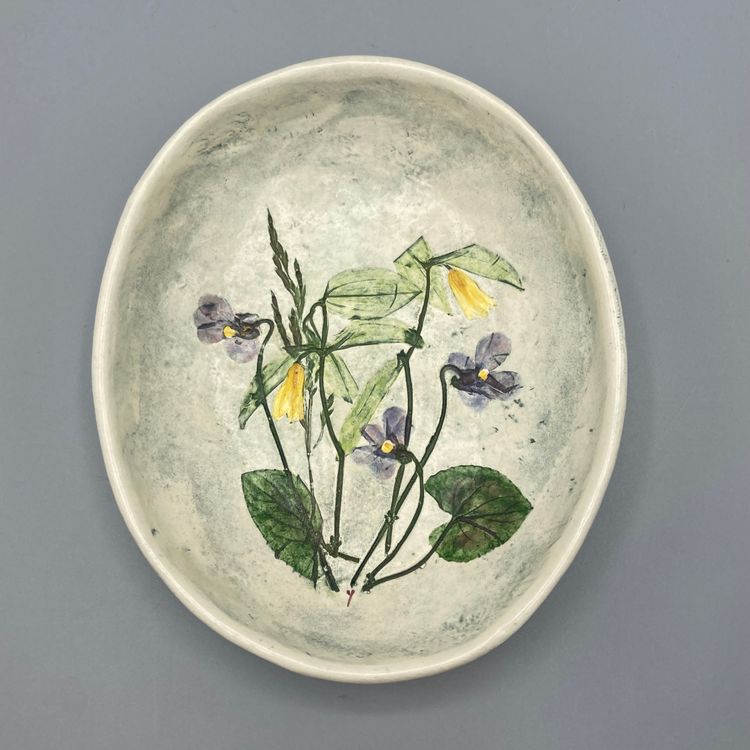 Salt Marsh Pottery Violets Wild Oats Trinket Dish or Wall Hanging - Signed Pam 1989