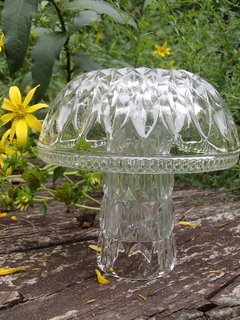 Glass Mushroom (Short). Recycled glass. Handmade By Me! 🫶 Glass Garden Mushroom. Vintage Glass. 5” tall x 5” diameter.