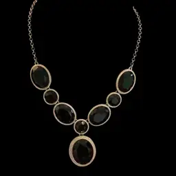 Vintage Goldtone Tarfari  Statement Necklace . Black Lucite Cabochons Inlay In Goldtone Textured Border.